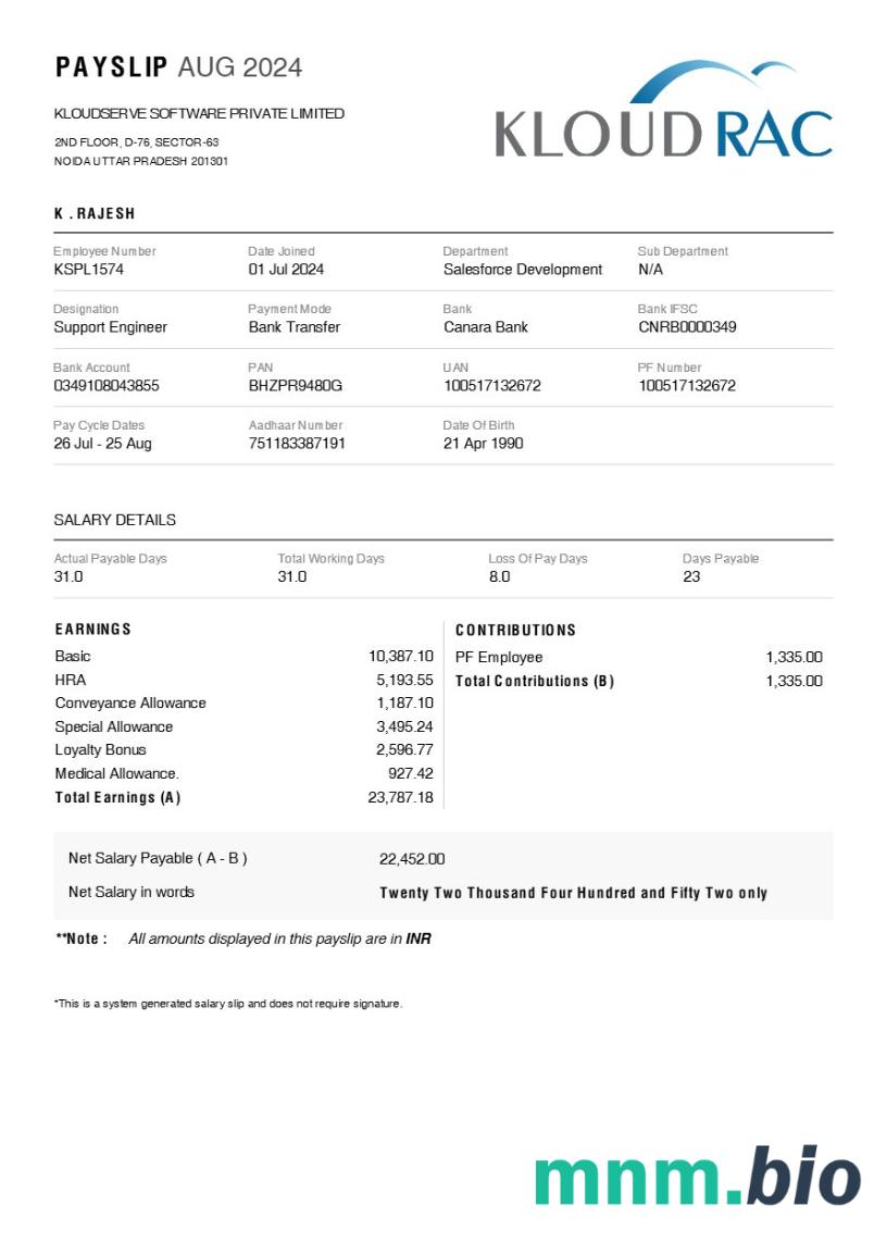 Szablon odcinka wypłaty oprogramowania Kloudserve w formatach Word i PDF